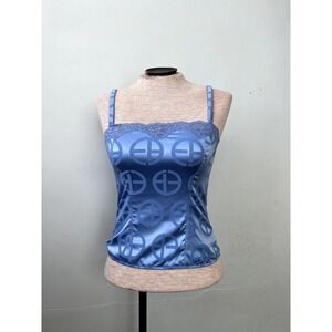 Emporio Armani Blue Satin Logo Lace-Trim Camisole